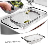 Over Sink Expandable Stainless Steel Colander, Fine Mesh Strainer Basket with Rubber Grip Handles for Rinsing Pasta, Fruit and Vegetables