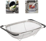Over Sink Expandable Stainless Steel Colander, Fine Mesh Strainer Basket with Rubber Grip Handles for Rinsing Pasta, Fruit and Vegetables