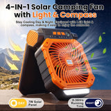 Four Function Solar Camping Fan with LED Light and Compass, Rechargeable Portable Tent Fan with 4 Speeds and 3 Timer Settings