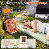 Four Function Solar Camping Fan with LED Light and Compass, Rechargeable Portable Tent Fan with 4 Speeds and 3 Timer Settings