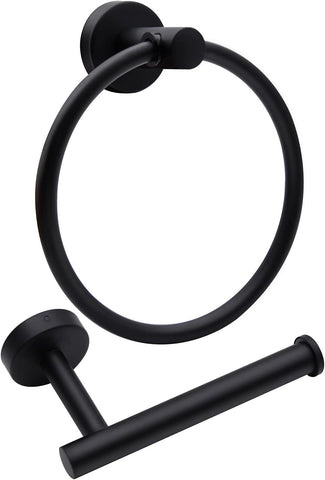2 Piece Stainless Steel Bathroom Set, Toilet Paper Holder and Towel Ring for Wall Mount Installation, Matte Black
