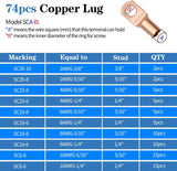 Cable Lug Crimping Tool Kit with 74 Copper Wire Lugs and 100 Heat Shrink Tubes, Heavy Duty Crimper for AWG 10 to 1/0