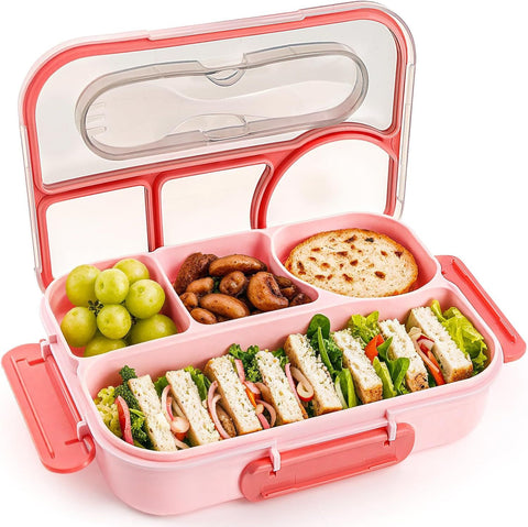 4 Compartment Bento Lunch Box, BPA Free Dishwasher Safe Food Container for Work, School, Picnics and Meal Prep, Pink