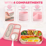 4 Compartment Bento Lunch Box, BPA Free Dishwasher Safe Food Container for Work, School, Picnics and Meal Prep, Pink