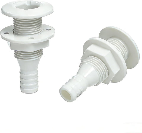2 Pack Marine Through Hull Fittings, White Boat Drain and Hose Connectors for Water Tanks, Bilge Systems and Marine Plumbing, 1.6 cm