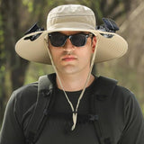 Solar Fan Sun Hat with Dual Built In Fans, Wide Brim UPF 50+ Bucket Hat for Fishing, Beach, Hiking and Outdoor Wear, Khaki
