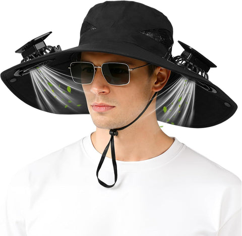 Solar Powered Fan Sun Hat with Dual Built In Fans, Wide Brim Hands Free Hat for Fishing, Beach, Gardening, Hiking and Outdoor Wear, Black In Australia - Darrahopens