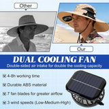 Solar Powered Fan Sun Hat with Dual Built In Fans, Wide Brim Hands Free Hat for Fishing, Beach, Gardening, Hiking and Outdoor Wear, Black