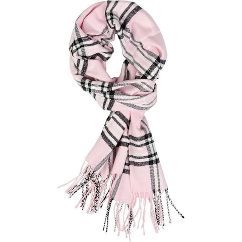 Light Pink Plaid Plum Feathers Super Soft Cashmere Feel Unisex Winter Scarf 180x30 cm, Breathable Checkered Print with Fringe for All Seasons