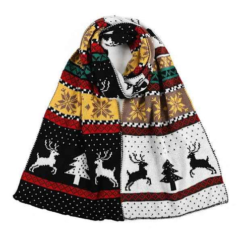 Black Winter Christmas Moose Pattern Knitted Long Thick Scarf with Snow Geometric Design, Reversible Warm Fair Isle Shawl for Men and Women In Australia - Darrahopens
