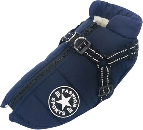 Navy Blue Winter Waterproof Dog Jacket with Integrated Harness, Windproof Warm Coat with Reflective Trim, Size XL for Large Dogs with Adjustable Collar In Australia - Darrahopens