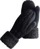 Black Thick Fleece Lined Insulated Mittens for Women, Crochet Knit Design with Inner Fleece Lining, Button Fastening Stretchy Fit for Cold Weather In Australia - Darrahopens