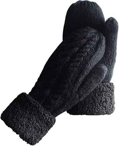 Black Thick Fleece Lined Insulated Mittens for Women, Crochet Knit Design with Inner Fleece Lining, Button Fastening Stretchy Fit for Cold Weather In Australia - Darrahopens