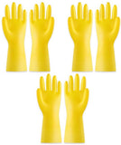 Yellow Rubber Cleaning Gloves 3 Pairs Size L, Waterproof Reusable with Non-Slip Granulated Palm, Soft Cotton Velvet Lining for Kitchen Bathroom and Car Washing