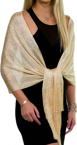 Gold European Style Silk Scarf Tassel Shawl for Women 50x164 cm, Lightweight with Silver Glitter Thread, Perfect for Evening Parties and Formal Events In Australia - Darrahopens