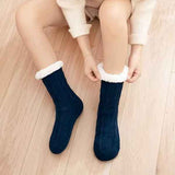 Blue Furry Warm Knitted Slipper Socks with Non-Slip Sole, Ultra-Soft Fleece Lining Cable Knit Design, One Size Fits Most EU 35-43 for Cozy Indoor Wear In Australia - Darrahopens