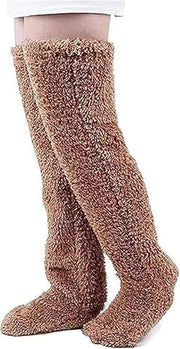 Brown Over Knee High Fuzzy Plush Teddy Slipper Socks for Women, Open Toe Non-Slip Design, Extra Long 55 cm for Warmth Indoors and Outdoors In Australia - Darrahopens