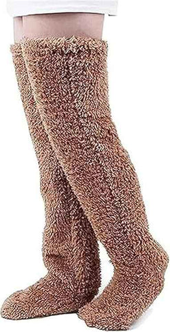 Brown Over Knee High Fuzzy Plush Teddy Slipper Socks for Women, Open Toe Non-Slip Design, Extra Long 55 cm for Warmth Indoors and Outdoors