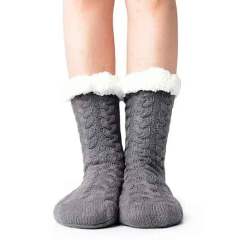 Grey Furry Warm Knitted Slipper Socks with Non-Slip Sole, Ultra-Soft Fleece Lining Cable Knit Design, One Size Fits Most EU 35-43 for Indoor Comfort In Australia - Darrahopens