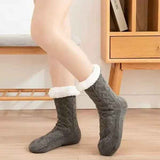 Grey Furry Warm Knitted Slipper Socks with Non-Slip Sole, Ultra-Soft Fleece Lining Cable Knit Design, One Size Fits Most EU 35-43 for Indoor Comfort In Australia - Darrahopens