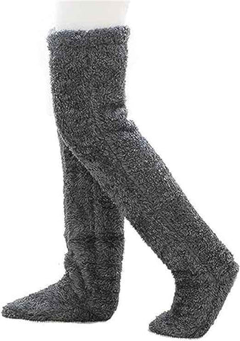 Navy Grey Over Knee High Fuzzy Plush Teddy Slipper Socks for Women, Open Toe Non-Slip Extra Long 55 cm for Warmth Indoors Outdoors, Perfect Gift for Christmas In Australia - Darrahopens