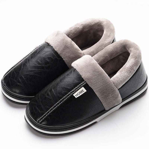 Black Faux Fur Warm Waterproof Indoor Flat Slippers for Men, Non-Slip Rubber Sole, Size 50-51 for Large Feet, Cozy Bedroom Shoes for Winter