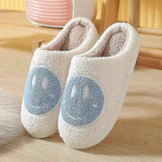 Blue Smiley Face Slippers for Women, Cute Emoji Design with Non-Slip TPR Rubber Sole, Soft Faux Fur Thick Fleece Lining for Warmth Size 38-39 In Australia - Darrahopens