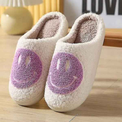 Purple Smiley Face Slippers for Women, Cute Emoji Design with Non-Slip TPR Rubber Sole, Soft Faux Fur Thick Fleece Lining for Cozy Warmth Size 42-43 In Australia - Darrahopens