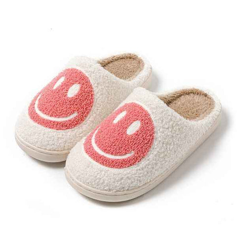 Pink Smiley Face Slippers for Women, Cute Emoji Design with Non-Slip TPR Rubber Sole, Soft Faux Fur Thick Fleece Lining for Warmth Size 38-39 In Australia - Darrahopens