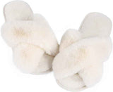 White Cross Strap Fluffy Open Toe Slippers for Women, Memory Foam Cushion Non-Slip Sole, Soft Plush Home Shoes Indoor Outdoor Size M In Australia - Darrahopens