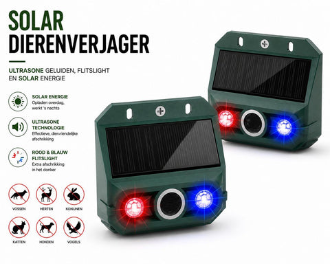 2 Pieces Solar Animal Repellers with Motion Sensor, Ultrasonic Sound Alarm and Red Blue LED Strobes for Garden, Farm and Yard, Green