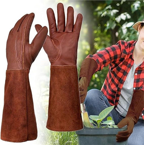 1 Pair of garden gloves, resistant cowhide, Long forearm protection, Puncture and cut resistant, Leather gloves, 42 cm long garden gloves, Brown In Australia - Darrahopens