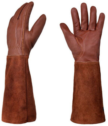 1 Pair of gardening gloves, resistant cowhide leather, Long forearm protection, Puncture and cut resistant, 42 cm long gardening gloves, Brown