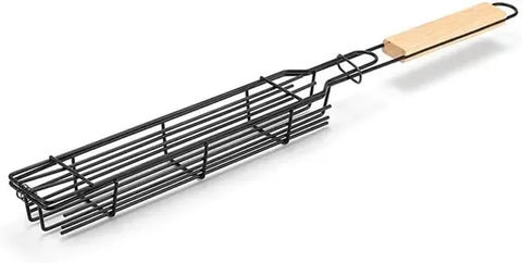 Large BBQ Grill Basket with Wooden Handle and Locking Wire Cage for Meat, Fish and Vegetables, Camping and Outdoor Charcoal Grilling, Black