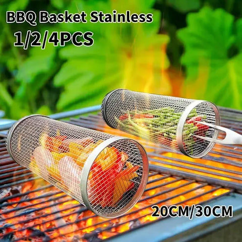 4 Pack 304 Stainless Steel Rotisserie Grill Baskets with Stand, Cylindrical Mesh Tubes for Outdoor BBQ, Silver, 30 cm In Australia - Darrahopens