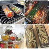 4 Pack 304 Stainless Steel Rotisserie Grill Baskets with Stand, Cylindrical Mesh Tubes for Outdoor BBQ, Silver, 30 cm