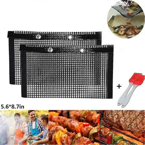 BBQ Grill Mesh Bag Set with 2 Silicone Brushes, Reusable Non-Stick PTFE Food Pouches for Charcoal Grilling, Black, 14 x 22 cm
