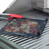 BBQ Grill Mesh Bag Set with 2 Silicone Brushes, Reusable Non-Stick PTFE Food Pouches for Charcoal Grilling, Black, 14 x 22 cm