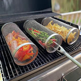 4 Pack Stainless Steel Rotisserie Grill Baskets with Stand, Cylindrical Mesh Tubes for Vegetables and Outdoor BBQ, Small, Silver