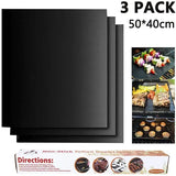 3 Pack Grill Mats Non-Stick Reusable PTFE Fiberglass BBQ Mats for Gas and Charcoal Grills Black 50 x 40 cm