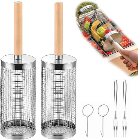 304 Stainless Steel Rolling Grill Basket Set with Removable Handle for Vegetables, Shrimp and Outdoor BBQ, Nesting Design, Silver In Australia - Darrahopens