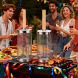 304 Stainless Steel Rolling Grill Basket Set with Removable Handle for Vegetables, Shrimp and Outdoor BBQ, Nesting Design, Silver