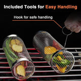 304 Stainless Steel Rolling Grill Basket Set with Removable Handle for Vegetables, Shrimp and Outdoor BBQ, Nesting Design, Silver