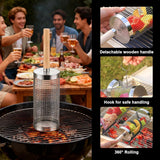 304 Stainless Steel Rolling Grill Basket Set with Removable Handle for Vegetables, Shrimp and Outdoor BBQ, Nesting Design, Silver