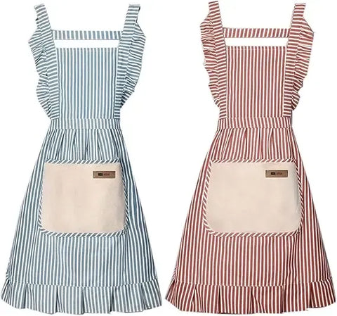 2 Pack Adjustable Cotton Linen Kitchen Aprons with Front Pockets for Cooking, Baking, BBQ, Restaurants and Gardening, Striped In Australia - Darrahopens