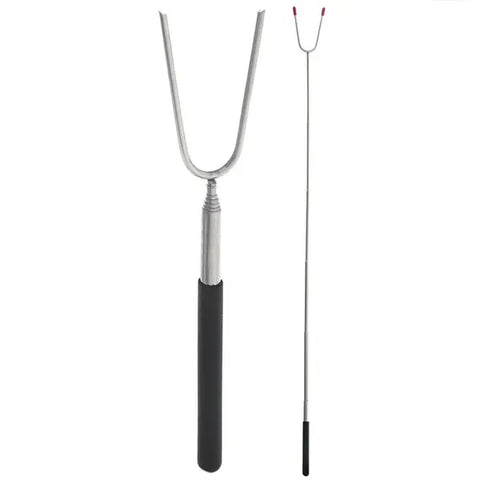 Telescopic Campfire Roasting Fork, Double Prongs, Stainless Steel, Rotating Handle, for Camping, Picnics and Outdoor Cooking, Black