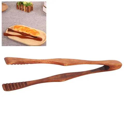 Wood Food Tongs Wooden Serving Clamp for Grill Bread Dessert Pastry Kitchen Use, for Home Cooking, Baking and Food Preparation, 26.5 cm