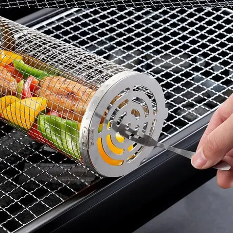 2 Pack Stainless Steel Rolling Grill Baskets with Hooks and Forks for Vegetables, Seafood, Camping and Home BBQ, Silver, 31 cm and 21 cm In Australia - Darrahopens