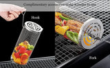 2 Pack Stainless Steel Rolling Grill Baskets with Hooks and Forks for Vegetables, Seafood, Camping and Home BBQ, Silver, 31 cm and 21 cm
