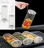 2 Pack Stainless Steel Rolling Grill Baskets with Hooks and Forks for Vegetables, Seafood, Camping and Home BBQ, Silver, 31 cm and 21 cm